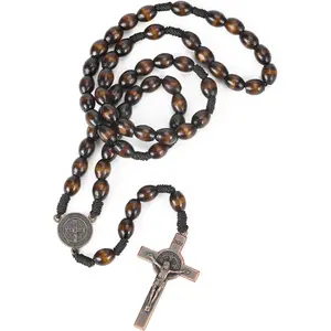 Rosary Beads Handmade Wooden Rosarios Catolicos Metal Cross For Catholic Or Christian (Woven Coffee Color)