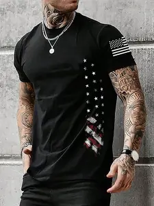 Men's American Flag & Letter Print Round Neck Tee, Regular Fit Casual Short Sleeve T-shirt for Summer, Men's Top for Daily Wear, Tropical