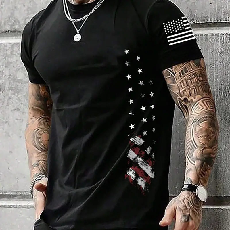 Men's American Flag & Letter Print Round Neck Tee, Regular Fit Casual Streetwear Short Sleeve Fitted Long T-shirt for Summer, Men's Top for Daily Wear, Tropical, Casual Printed