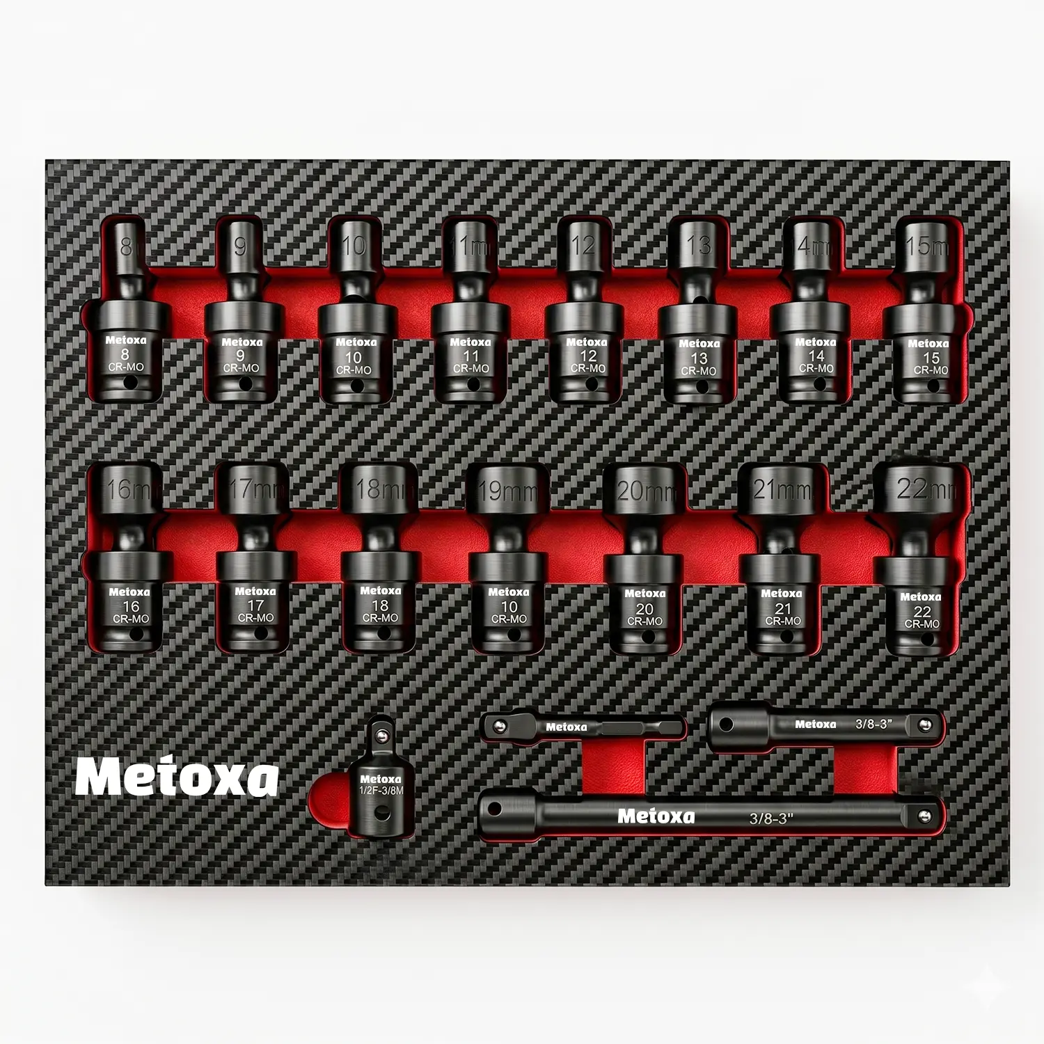 METOXA 19-Piece 3/8"-Drive CR-MO Impact Swivel Socket Wrench Set, Professional Flex Socket Work Tools and Gadgets Kit for Auto Repair Car Tools