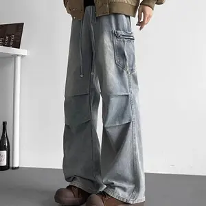 Korean High Street Retro Pleated Jeans Men'S Jeans Casual Loose High Waisted Jeans Workwear Pants.Aa