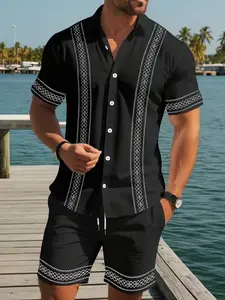 Men's Hawaiian Style Tropical Short Sleeve Shirt Set, Beach Vacation Casual, Palm Tree Print, All Seasons, Fitted, Regular Length, Shorts Sets Outfits