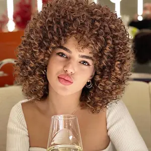 Xinran Brown Curly Afro Wig for Black Women,Short Kinky Curly Wig with Bangs,Synthetic Afro Full Hair Wig 14inch Curly Brown