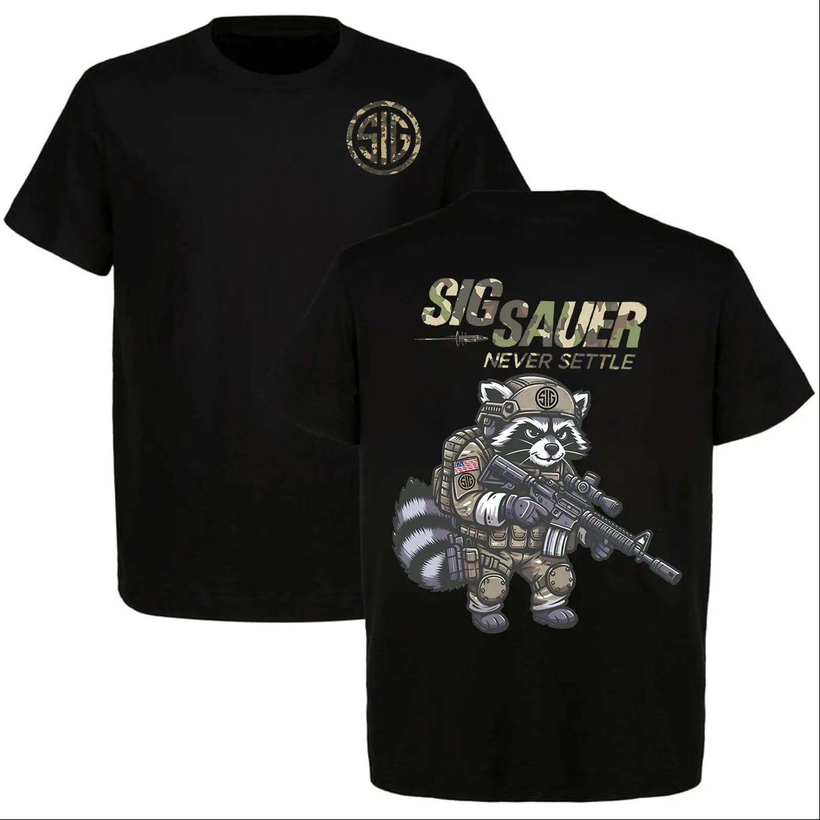 SIG Sauer Tactical Raccoon Short-Sleeve Round Neck Casual Streetwear Top, Funny Gun Lover Graphic Tee, 2A Shooting Range Vintage Men's Shirt