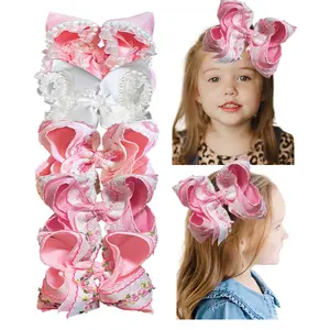 JoyBowie Large Bow Alligator Clip for Baby Girls - Soft Nylon Hair Accessories with Pearl Embellishments & Lace Trim - Perfect for Holiday & Home Wear Pink