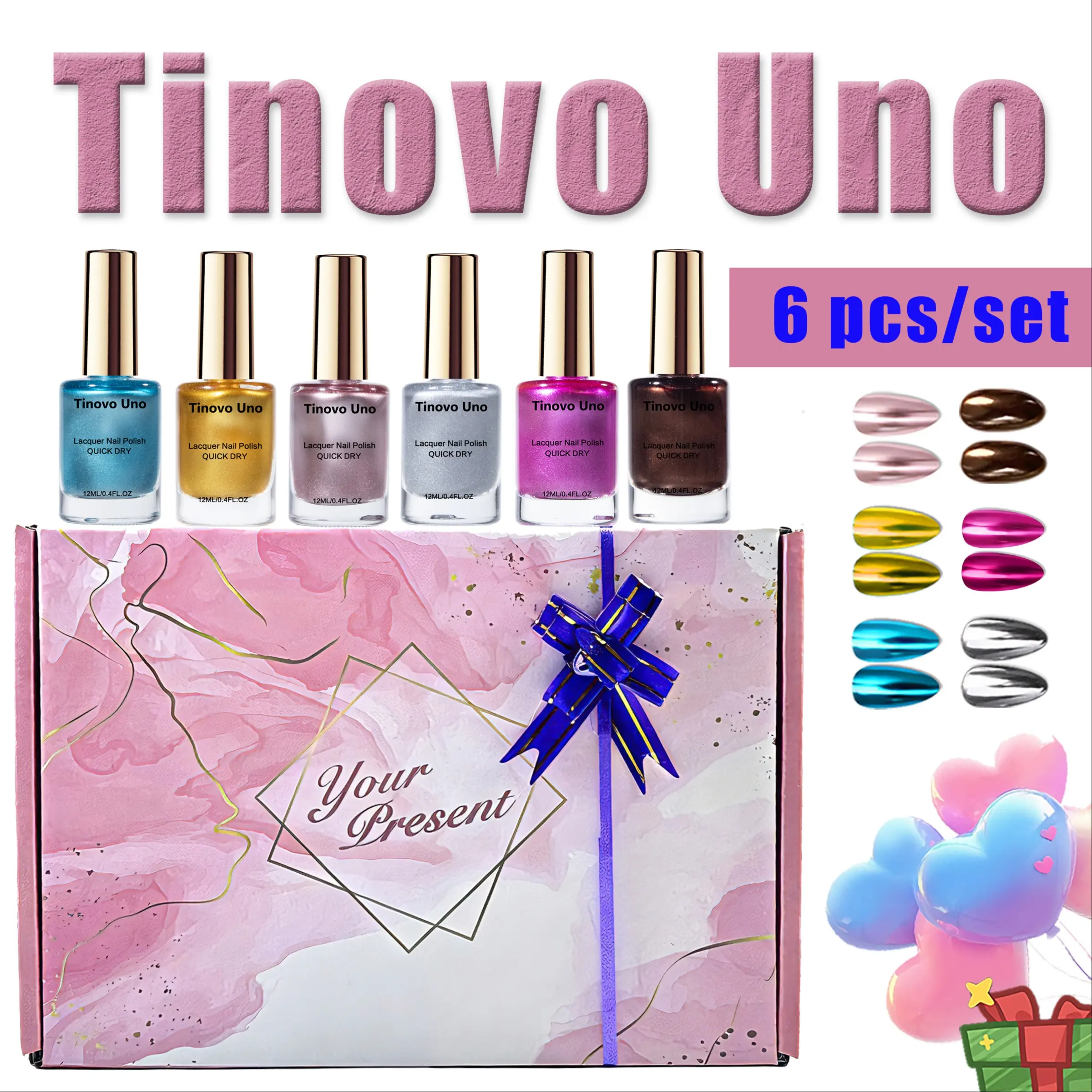 Tinovo Uno New Arrival 6 Bottles Quick Dry Metallic Series Indie Nail Polish Set, Sparkling Glossy Varnish No Need Lamp Cure, Manicure DIY Nail Art Gel, Nail Liquid, Super Gift Kit for All Kinds Holidays