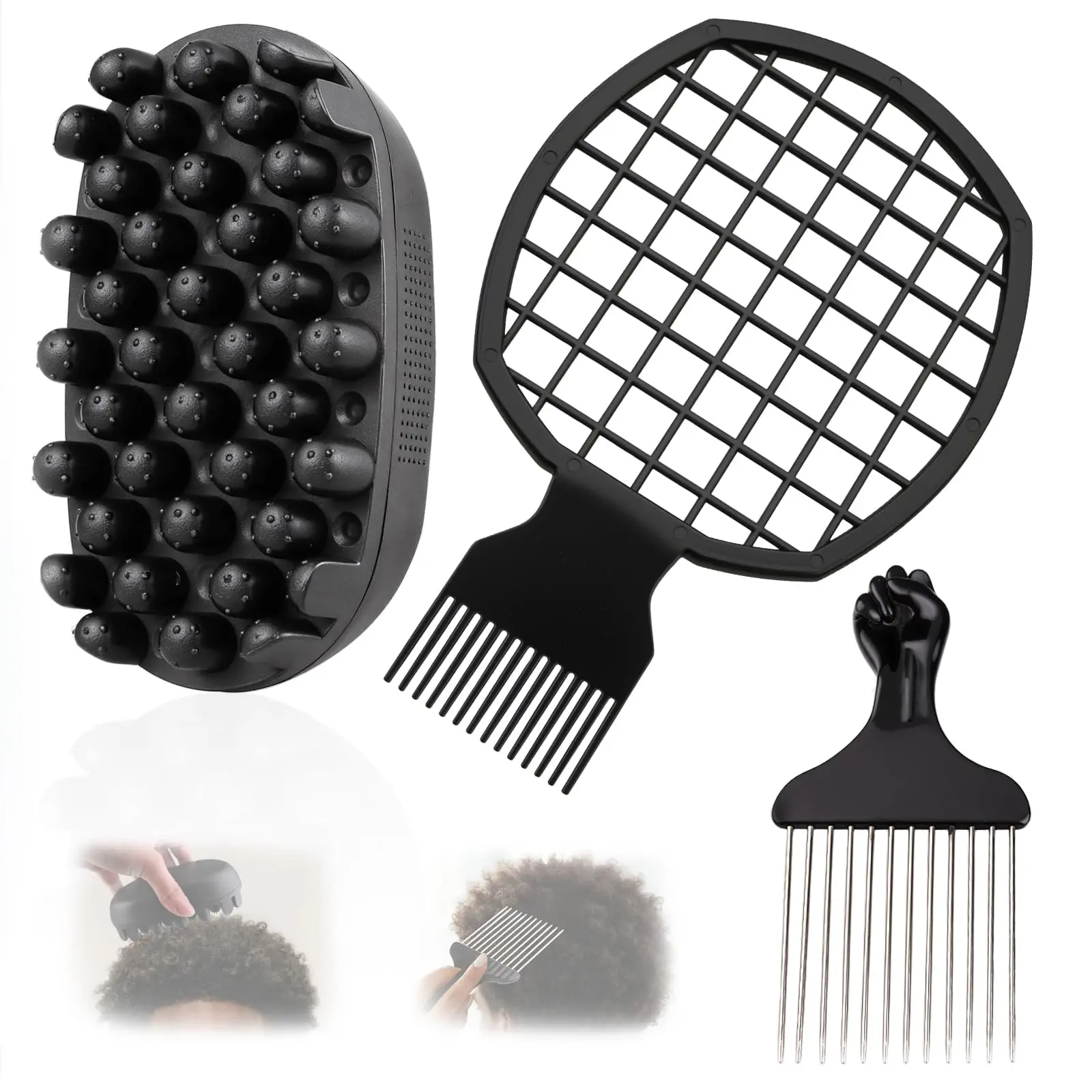 3 Pack Silicone Curling Hair Brush & Metal Afro Pick Hair Comb Set – Durable Washable Curl Sponge for Black Men, Natural Hair, Dreadlocks, Coils & 4C Afro HairStyling Tool