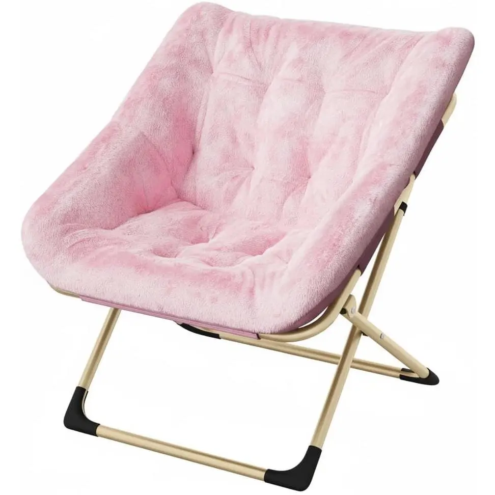 GARVEE Foldable Moon Chair made of faux fur – Comfortable lounge chair for adults and teenagers – Sturdy metal frame – Perfect as a reading or accent chair – Space-saving for bedrooms,Pink