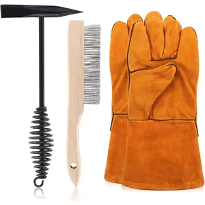 4 Count 10 Inch Scratch Wire Brush Welding Hammers with Steel Coil Spring Handle, Slag Removal & Welding Gloves for Effective Cleaning