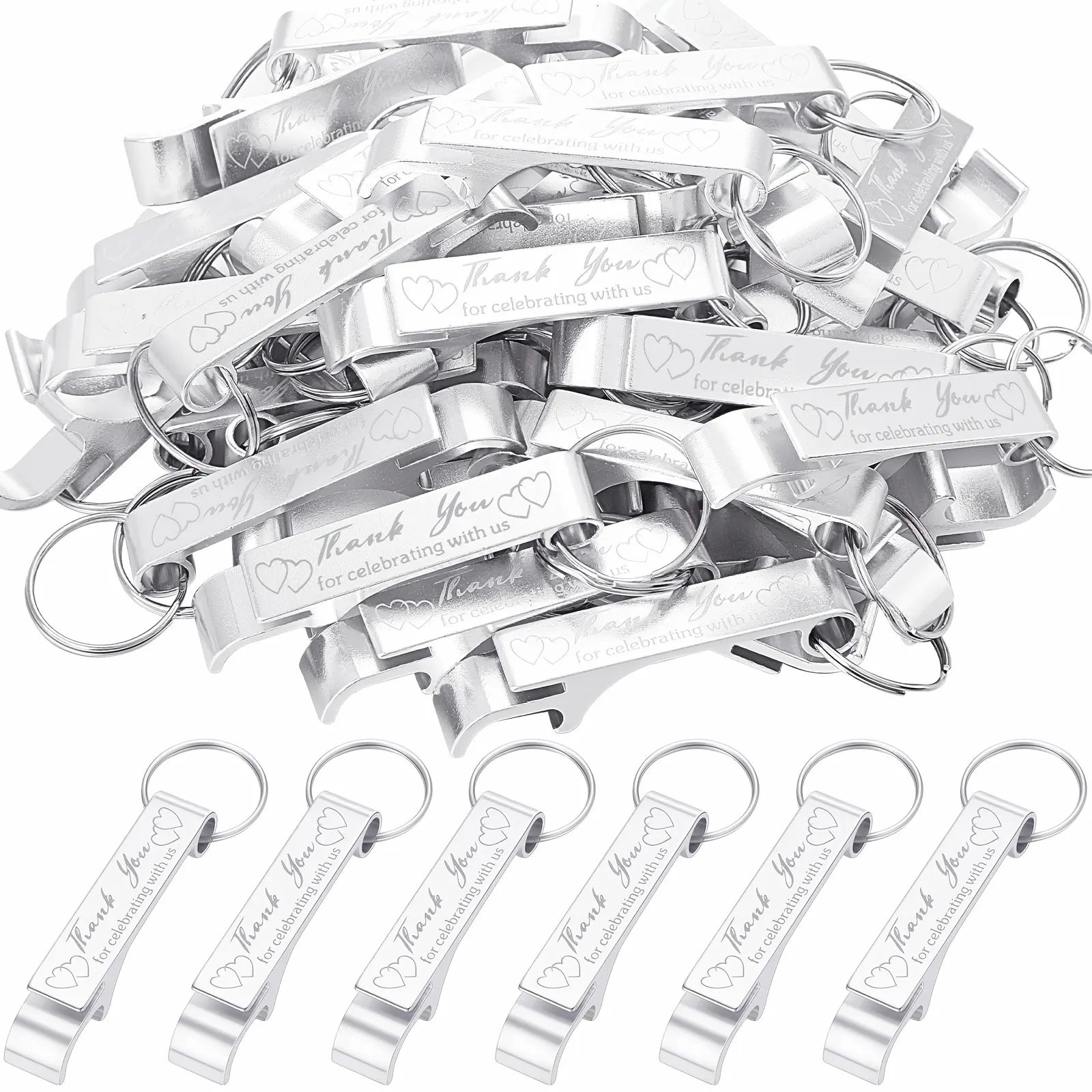 Bulk Set of 100 Aluminum Bottle Opener Keychains, Perfect As Wedding Favors to Thank Guests. Engraved Gifts for Birthdays, Graduations, And Other Celebrations (Silver)