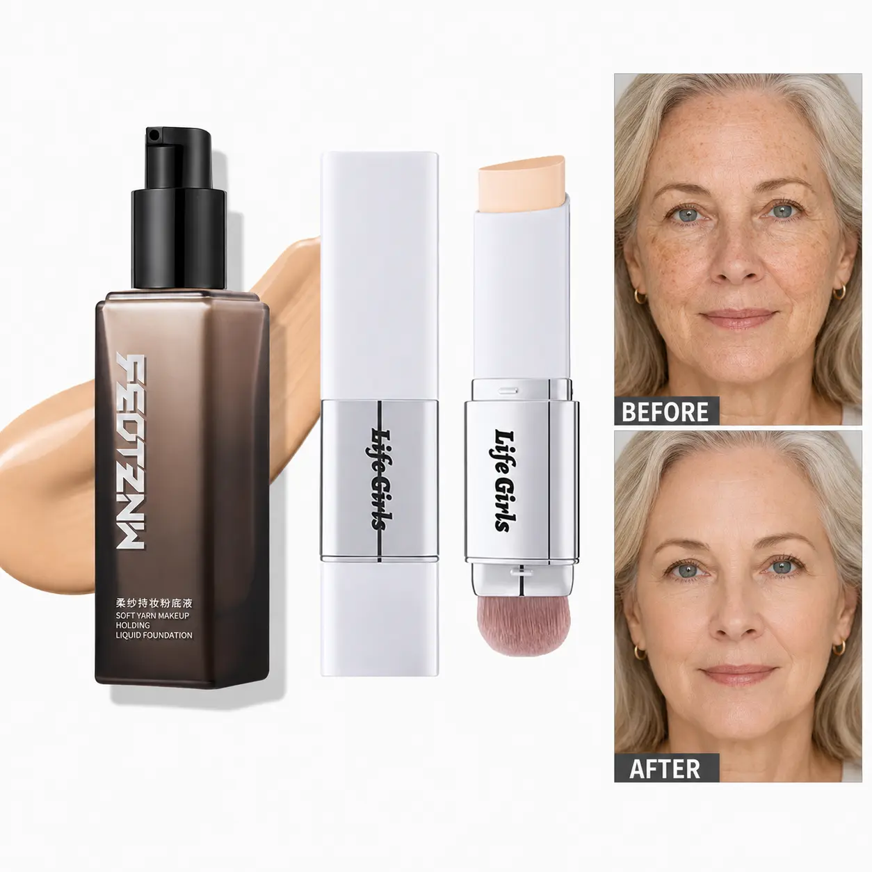 FEOTZNW 2-Pack Flawless Base Makeup Set: 1 4-in-1 Hydrating Anti-Sweat Liquid Foundation & 1 Dual-Ended Light Feather Foundation Powder Stick, Lightweight Smooth Quick Daily Base Makeup for Flawless Skin
