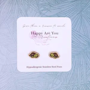 Hypoallergenic Sea Turtle Stud Earrings with Hand-Painted Wood and Stainless Steel Backs