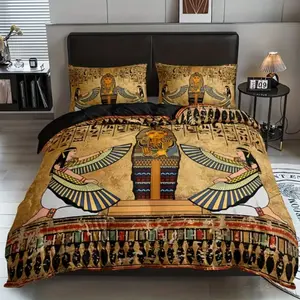 Egyptian Art Bedding Set (1 Fitted Sheet + 2 Pillowcases), High-Quality Print, Home Dormitory Use, No Pillows Included