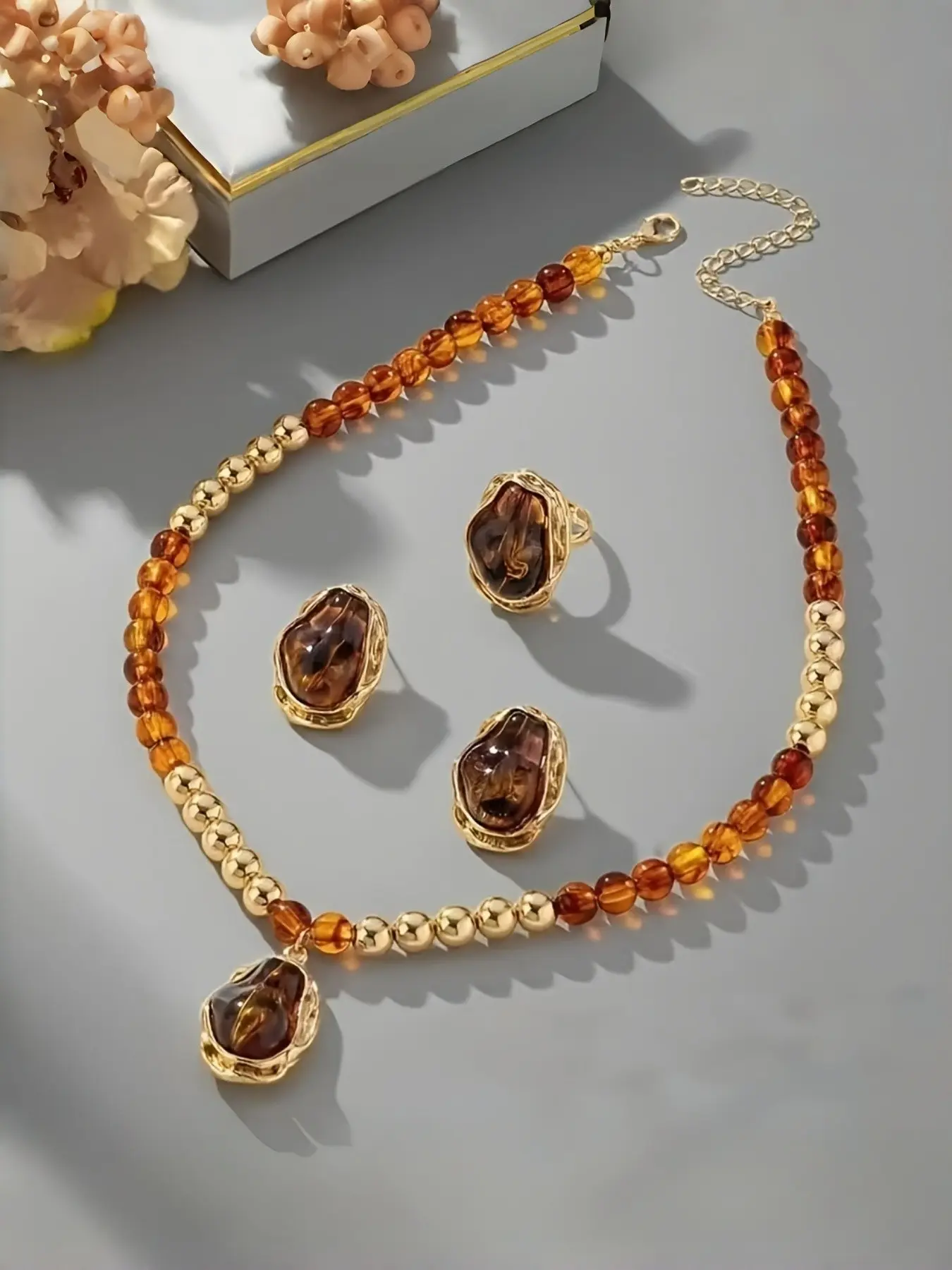 Vintage Fashion Irregular Faux Pearl Earrings Necklace Ring Set for Women, Elegant Three-Piece Jewelry Set, Stylish Accessory