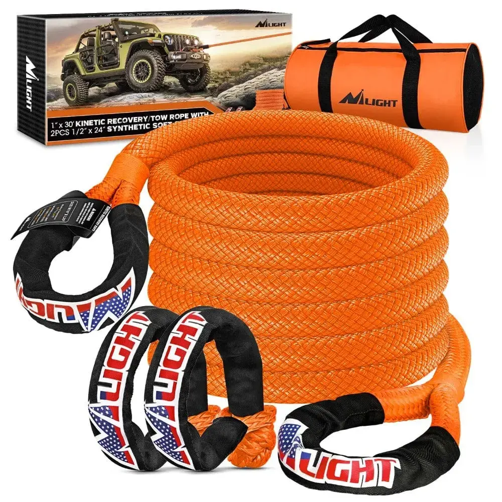 Nilight Heavy Duty Nylon Synthetic Kinetic Recovery Rope & 2PCS Soft Shackle Set - 1In x 30FT Rope, 1/2In x 24In Shackles, High Elasticity, Vehicle Towing, with Carry Bag, Synthetic Rope