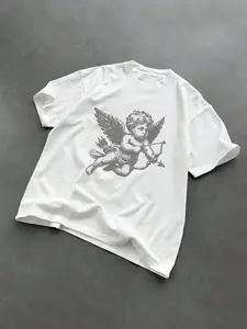 Pixelated Cherub Angel Graphic Oversized White Streetwear T-Shirt | #tiktokshopblackfriday Deals | Minimalist Black Print Casual Top | Soft Comfortable Daily OOTD | #fallfashion #christmasgiftideas Must-Have | Trendy Artistic Design Tee