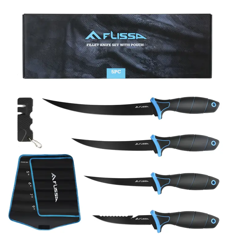 #blackfriday FLISSA Fillet Knife Set, Boning Knife & Bait Knives with Sharpener, Protective Sheath, Belt Clip, Non-Slip Handle, Portable Pouch & Corrosion Resistant Coating Blade, for Fresh or Saltwater (4-Pack)