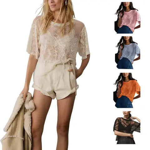 Yozazzy Women's Sexy Mesh Tops Y2K Short Sleeve Round Neck Lace 3D Printed Floral Sheer Blouse See Through Layering Shirt Tops
