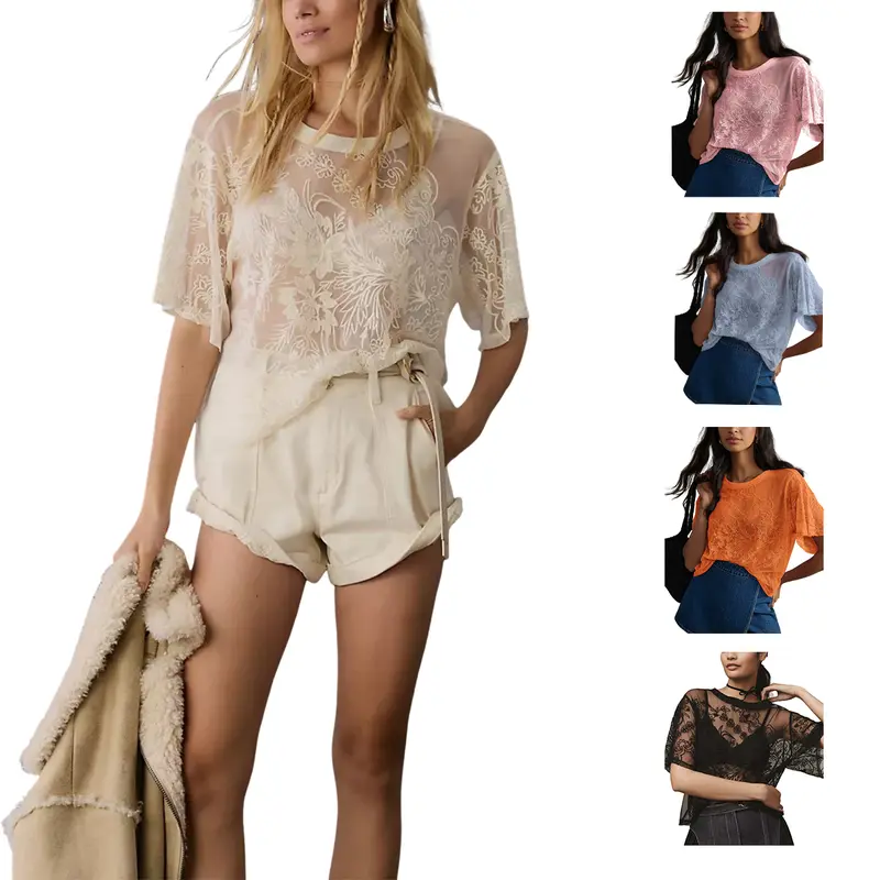 Yozazzy Women's Sexy Mesh Tops Y2K Short Sleeve Round Neck Lace 3D Printed Floral Sheer Blouse See Through Layering Shirt Tops