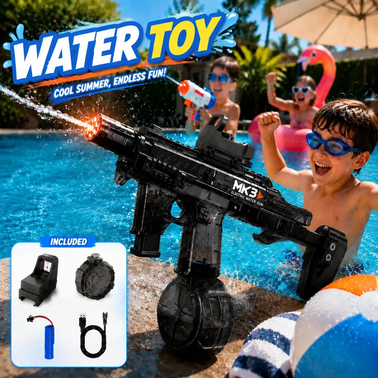 Electric Continuous Spray Water Toywith Large-Capacity Tank, Ideal for Pool Parties,Summer Outdoor Sprinkler Water Fight Toy