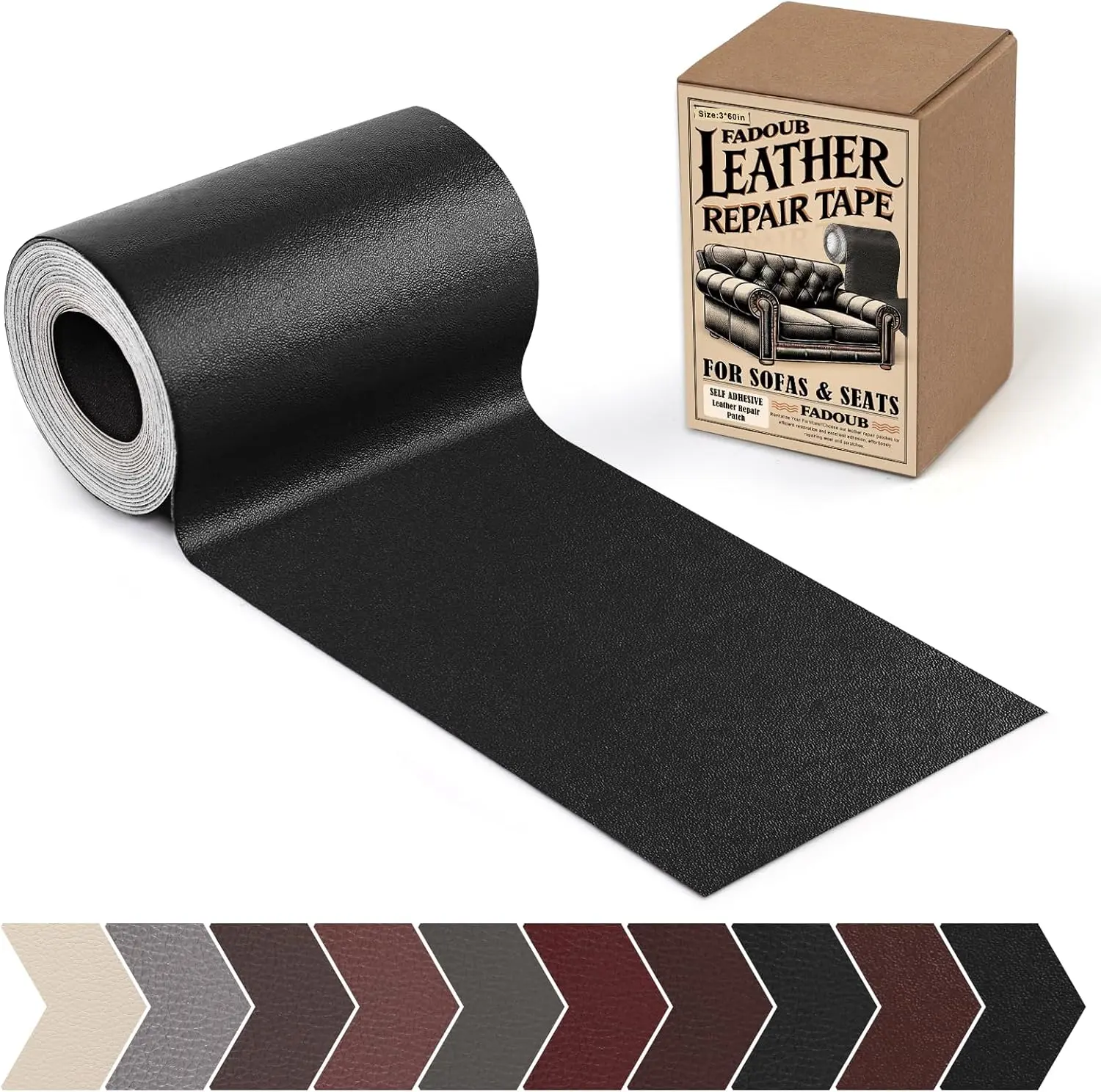 Self-Adhesive Leather Repair Patch Roll - 3x60In Black Fine Grain Vinyl Tape Kit, Easy Apply for Couch Repair, Leather Surfaces, Furniture, Car Seats