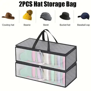 2 Pcs Baseball Cap Storage Bag with Carrying Handles and Lid, Closet Stackable Storage, Hat Organizer Cap Box, for Home Travel