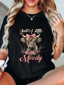 Men's 100% Cotton Casual Round Neck Short-Sleeve T-Shirt - Soft, Comfortable, Highland Cow "Just A Little Moody" Flower Funny Farm Farmer Design, Summer Wear