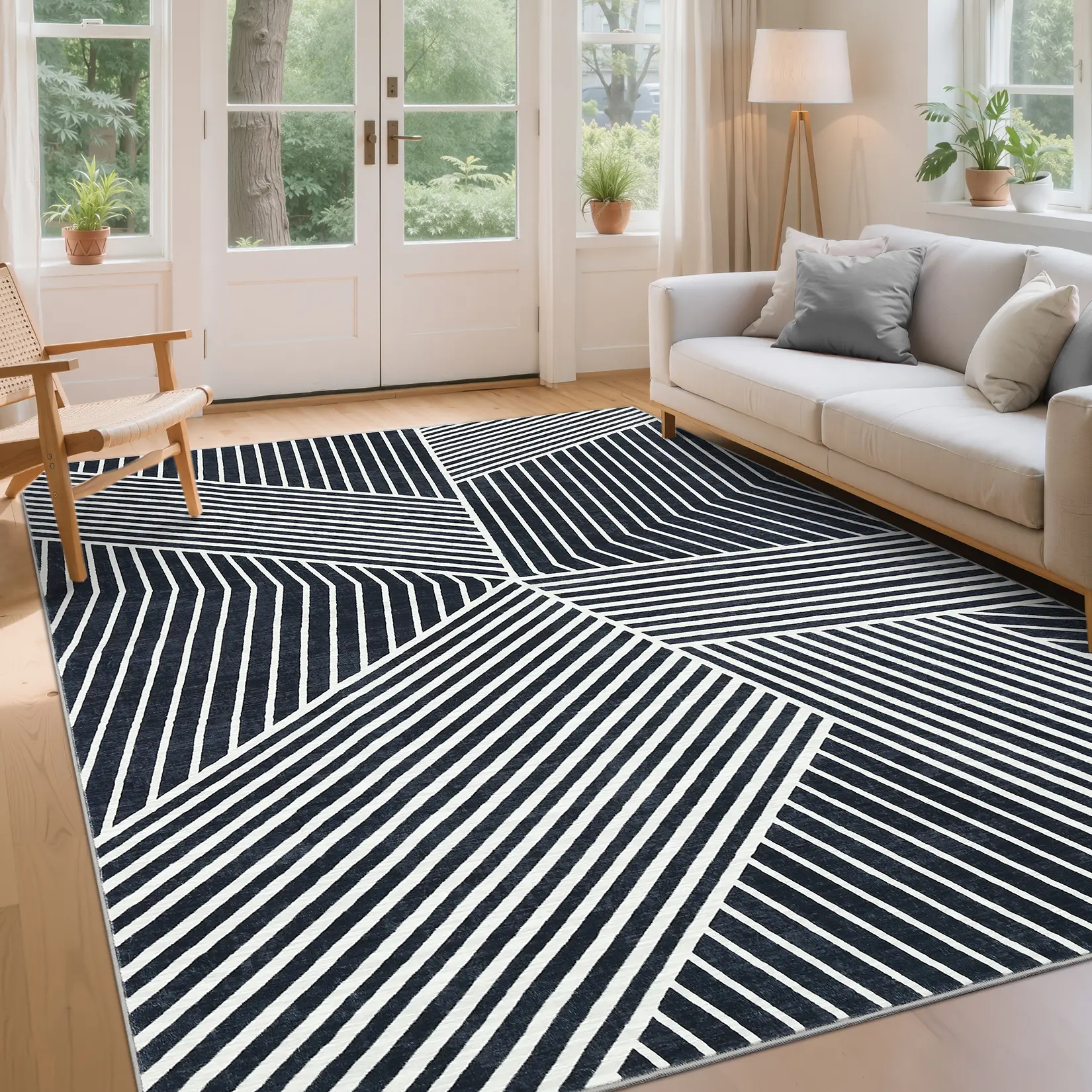 Minimalist Striped Floor Cover Geometric Area Rug Washable Ultra-Thin Low Pile Soft Non-Slip Carpet for Living Room Bedroom Dining Room