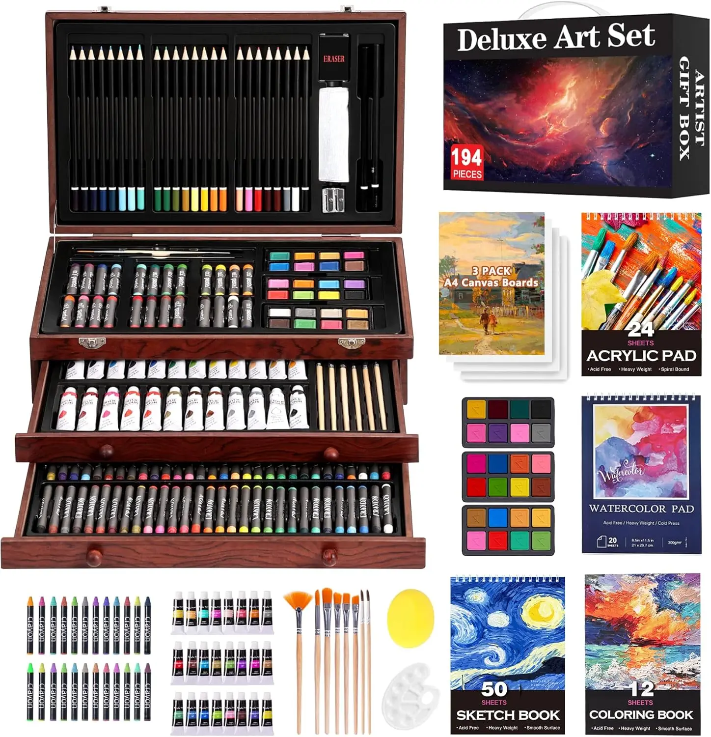 194 Piece Deluxe Art Set, Painting Drawing Art Supplies with 4 Drawing Pads, Acrylic Paints, Crayons, Colored Pencils Set in Wooden Case, Art Set for Kids, Teens, Adults, Artists, Beginners, Gift for Birthdays, Back to School, #sohochic