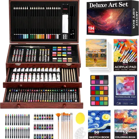 194 Piece Deluxe Art Set, Painting Drawing Art Supplies with 4 Drawing Pads, Acrylic Paints, Crayons, Colored Pencils Set in Wooden Case, Art Set for Kids, Teens, Adults, Artists, Beginners, Gift for Birthdays, Back to School, #sohochic