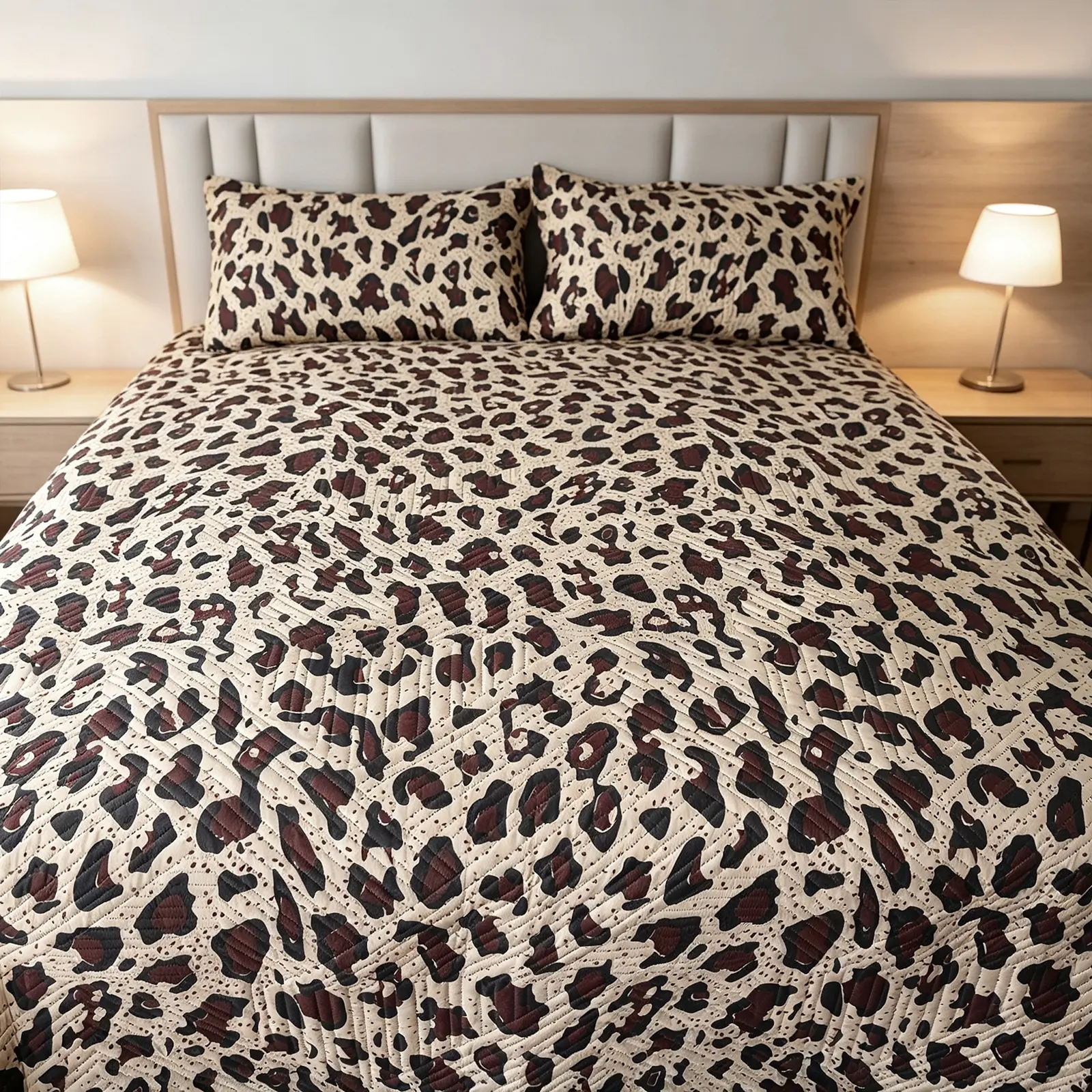 Leopard Print Ultrasonic 3-Piece Bedding Set - King Size Lightweight Fabric Bedspread Coverlet with Pillow Shams, Soft Breathable Machine Washable for Master Room Vintage Home Decor Year-Round Use