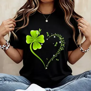 Men's Cotton Short-Sleeve Graphic T-Shirt, Menswear Round Neck Streetwear Clothes - 4-Leaf Clover and Heart Design for St. Patrick's Day Casual Outfits, Tshirt