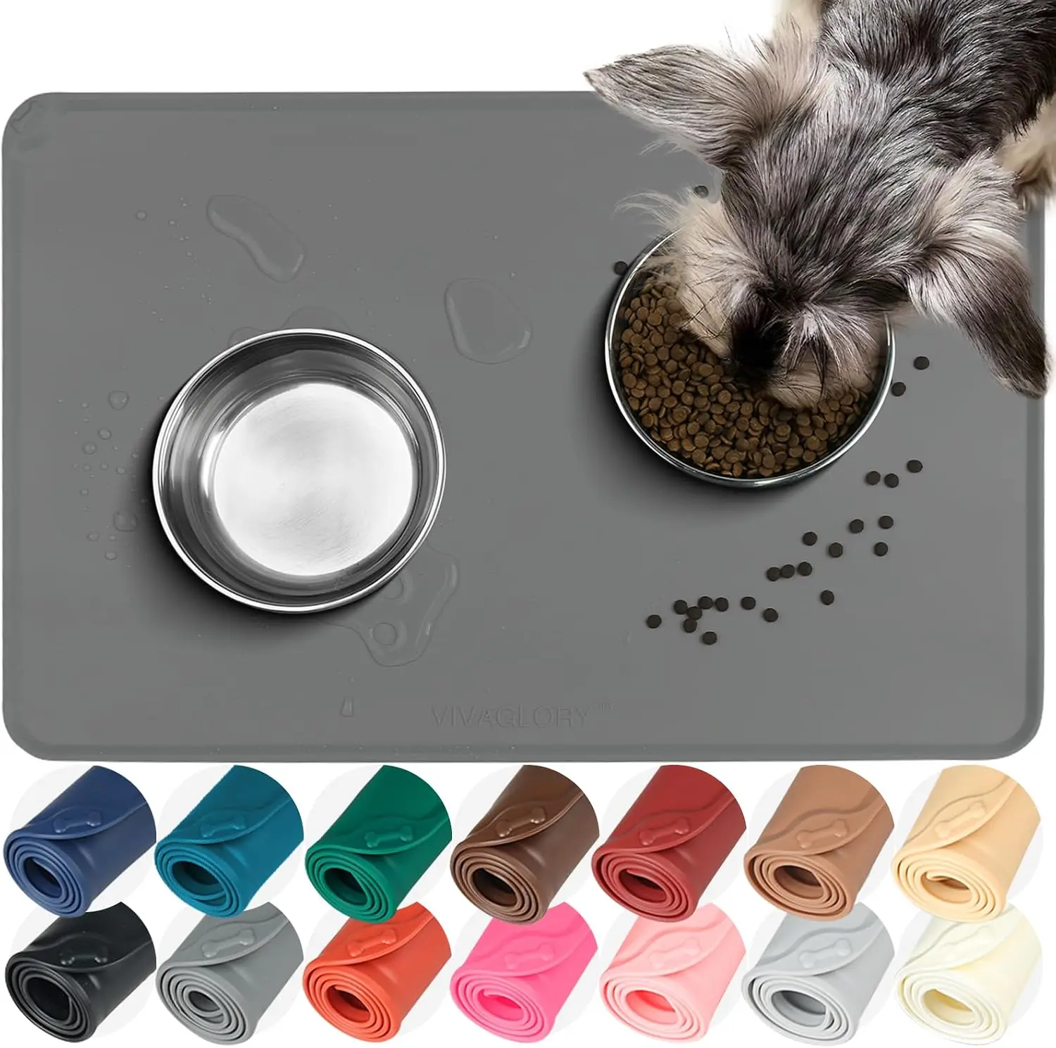 VIVAGLORY Small Grey Non-Slip Silicone Pet Feeding Mat with Raised Edge, Flexible Mess-Free Placemat for Dogs & Cats, Floor-Protective Pet Bowl Mat