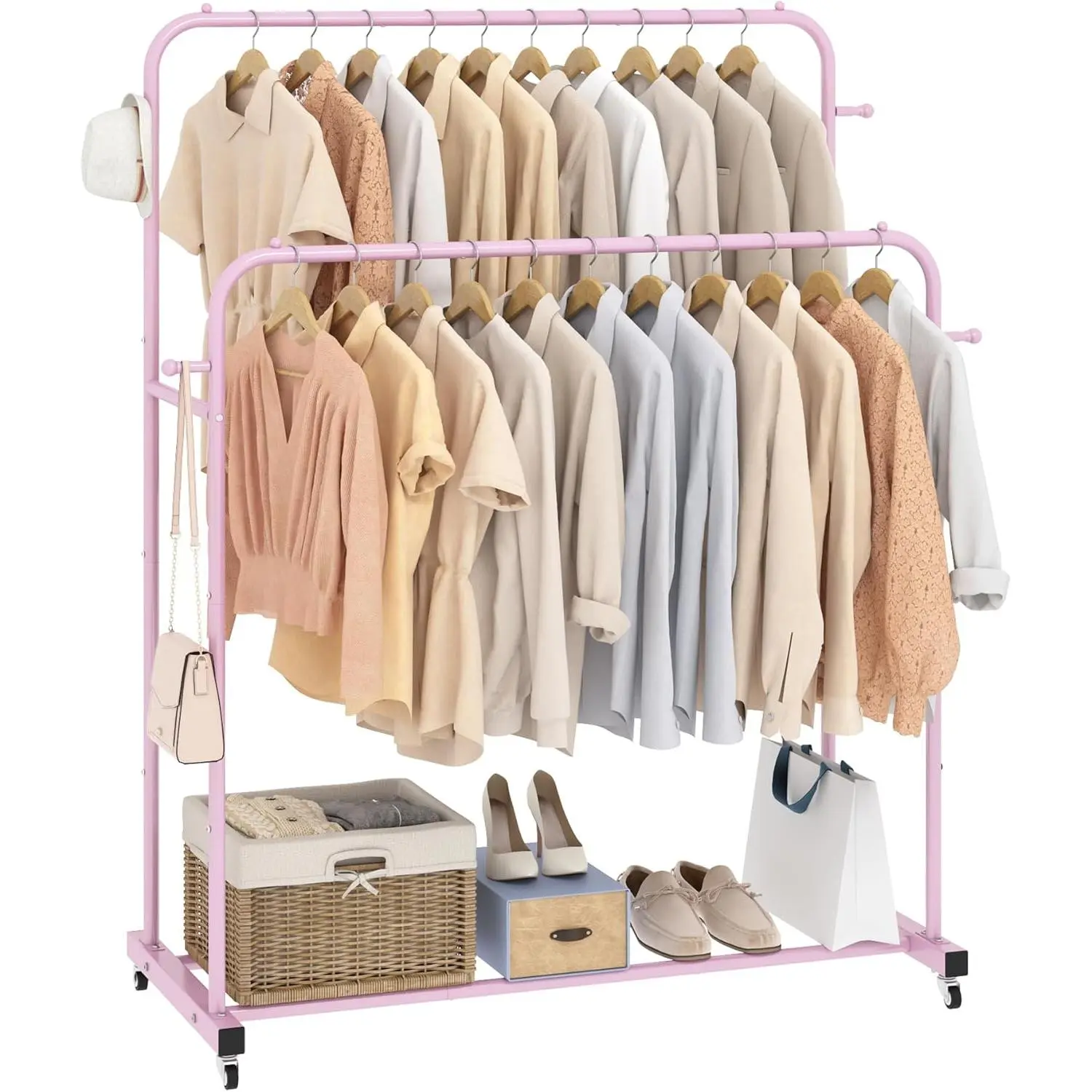 Double Rods Garment Rack with Wheels, Clothing Rack for Hanging Clothes,4 Hooks, Multi-Functional Bedroom Clothes Rack, Pink