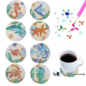 8pcs DIY Sea Animals Diamond Painting Coasters No Holder, Crystal Rhinestone Diamond Art Coasters for Drinks, Wooden Desktop Art Coaster for Home Office Coffee Shop Restaurant Cup Decor, Gift for Friends and Family, Decorative Coaster, for New Year Party