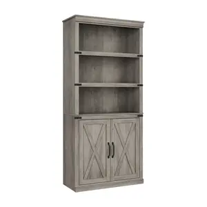 68.7" Tall Gray Farmhouse Bookcase with Doors, 5-Tier Floor Standing Display Storage Shelves for Living Room & Home Office