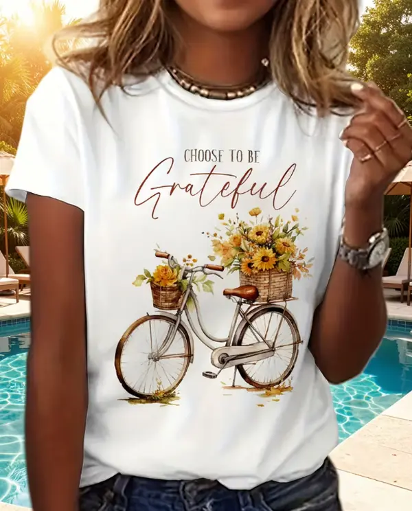 Choose To Be Grateful Watercolor Vintage Bicycle Sunflower Women's White Short Sleeve T-Shirt/Thanksgiving Gratitude Gift T-Shirt, Boho Watercolor Retro Bike Sunflower Basket Oversized Casual Top