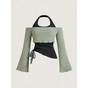 Women's color blocked 2-in-1 backless and navel exposed knitted top, asymmetrical wide sleeved drawstring top, suitable for daily wear, all season women's clothing, cute topRAIMENTRY