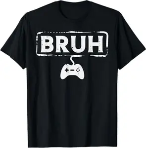 Men's Casual Cotton Distressed Short-Sleeve T-Shirt - Funny Bruh Print, Video Game Controller Badge, Relaxed Fit, Vintage Worn-In Vibe, Multi-Size Gamer Gift for Teen Boys