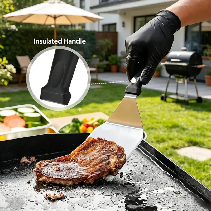 1 piece of stainless steel insulated handle barbecue flat shovel, widened and thickened shovel head, anti scald and anti slip long handle design, used for steak flipping, iron plate cooking, outdoor barbecue