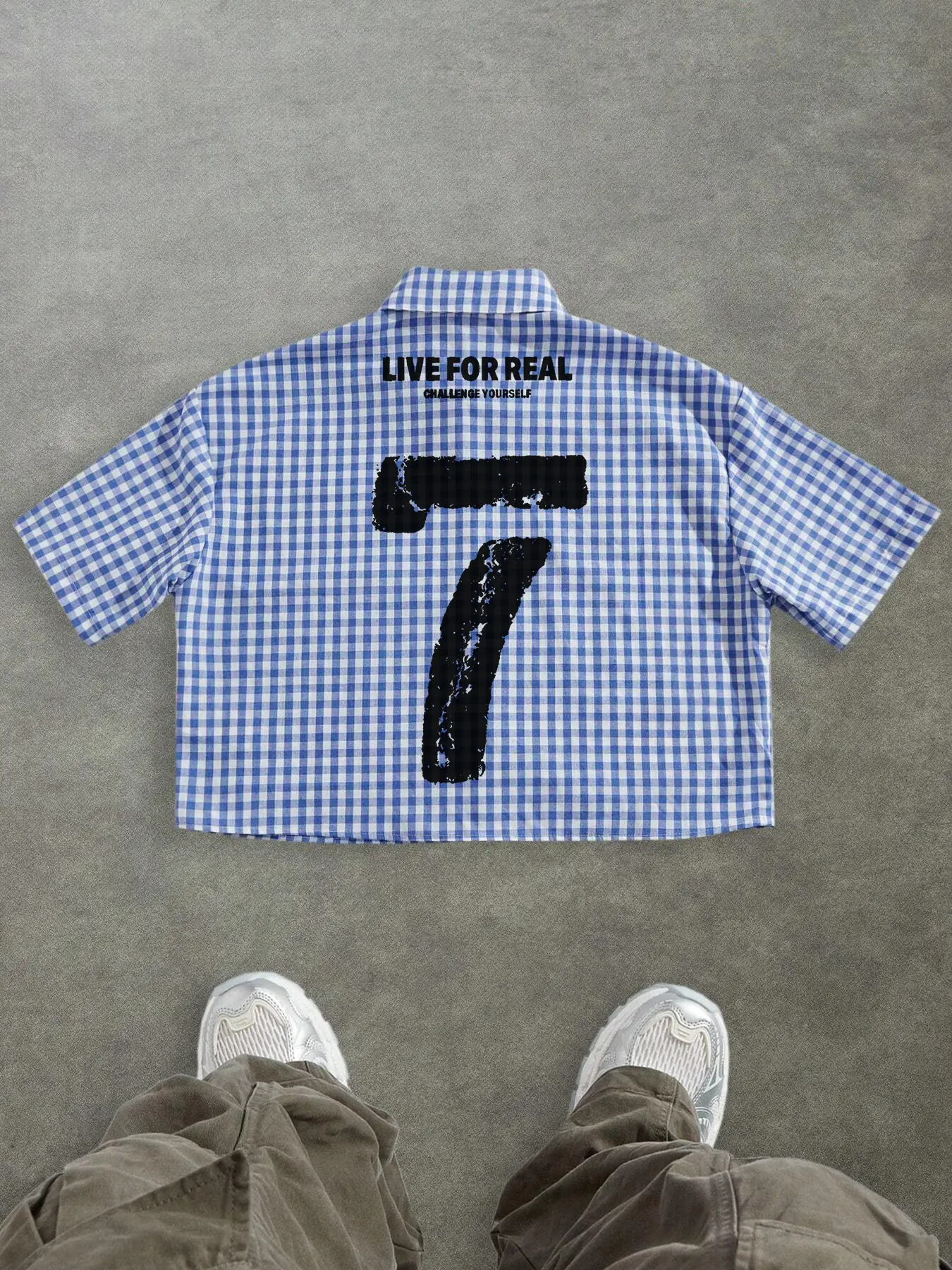 Men's Checked Plaid Short Sleeve Fitted Shirt, Fabric Menswear, with Digital Slogan Print, Casual Vintage Style for Summer, Trendy Streetwear Outdoor Fashion Tops