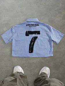Men's Checked Plaid Short Sleeve Fitted Shirt, Fabric Menswear, with Digital Slogan Print, Casual Vintage Style for Summer, Trendy Streetwear Outdoor Fashion Tops