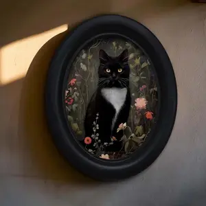 Gothic Cat Wall Art Painting, Handmade Acrylic Oval Frame, 5.9x7.8 Vintage Home Decor, Perfect for Halloween Christmas Thanksgiving