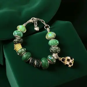 Snake Charm Bracelets with Green Beads and Checkerboard Charm Jewelry Accessory