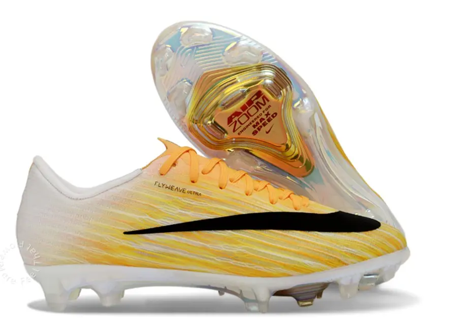 Gradient Golden Orange Striped Flyknit Fabric Black Accent Low Cut Soccer Cleats, Iridescent Gold Electroplated Long Stud Anti-Slip Outsole Lightweight Breathable Natural Grass Speed Training Boots For Men Women Competition Footwear