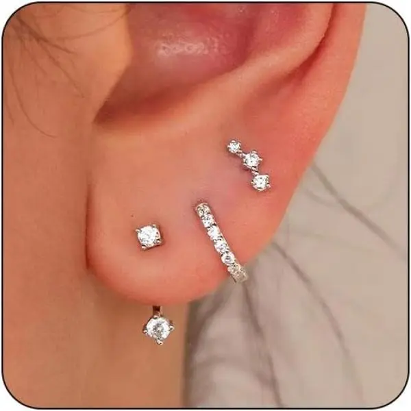 3 Pairs  Plated Stud Earrings Set for Multiple Piercing Stackable Dainty Small Huggie Hoop Earrings for Women Non Tarnish triple Earring Piercing Hypoallergenic Earrings Stacks for Sensitive Ears