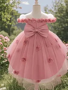 Toddler Girl's Floral Mesh Bow Decor Party Dress, Cute Flower Girl Dress for School Performance Party Wedding, Kids Clothes for All Seasons, Floral Pattern Dress