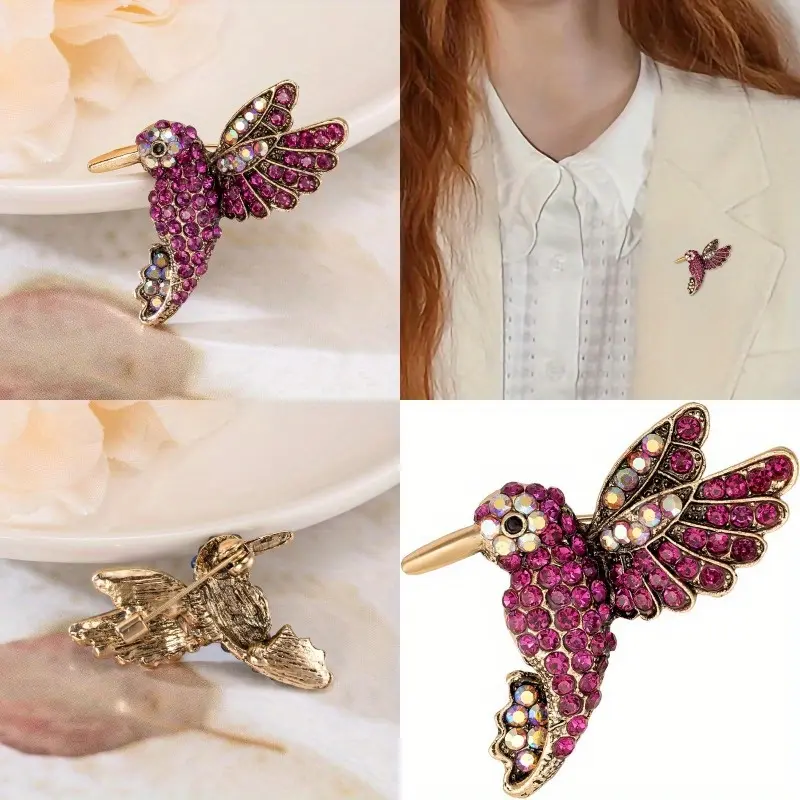 Women's Rhinestone Hummingbird Brooch - Purple-Pink Metal Coating, 1.3x1.1in Animal Collar Lapel Pin, Girlfriend Birthday Gift Ideas, Box-Included Fashion Accessory for Daily Wear