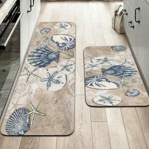 Silica Gel Kitchen Mat, Mediterranean Style, Base, Vintage Shell Design, Non-Slip, Easy Clean, 3.5mm Thick, Adjustable Size, Durable & Comfortable