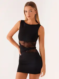 Elegant Sleeveless Lace Dress, Boat Neckline, Waist Lace Detailing & Twist Design, Slim-Fit Spring Fashion Womenswear for Women